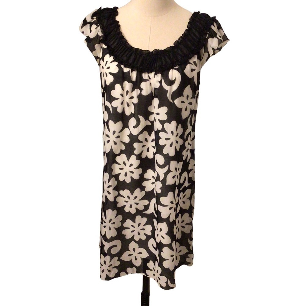 .MSSP Dress Silk Linen Black White Floral Lined Pullover Size Small
